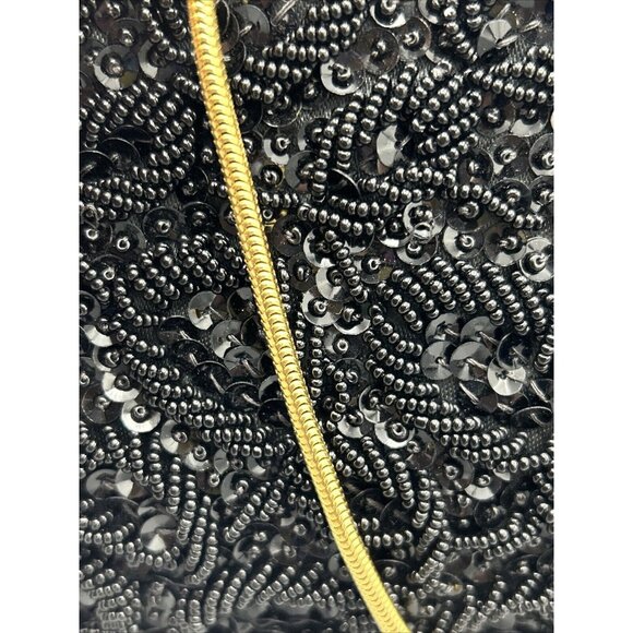 Evening Bag Black Beaded Kiss Lock Rhinestones Gold Chain Sequins See Photos Vtg - Picture 12 of 12